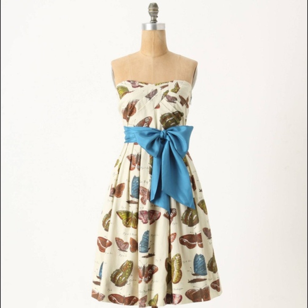 Anthropologie Cream Butterfly Dress with Blue Bow